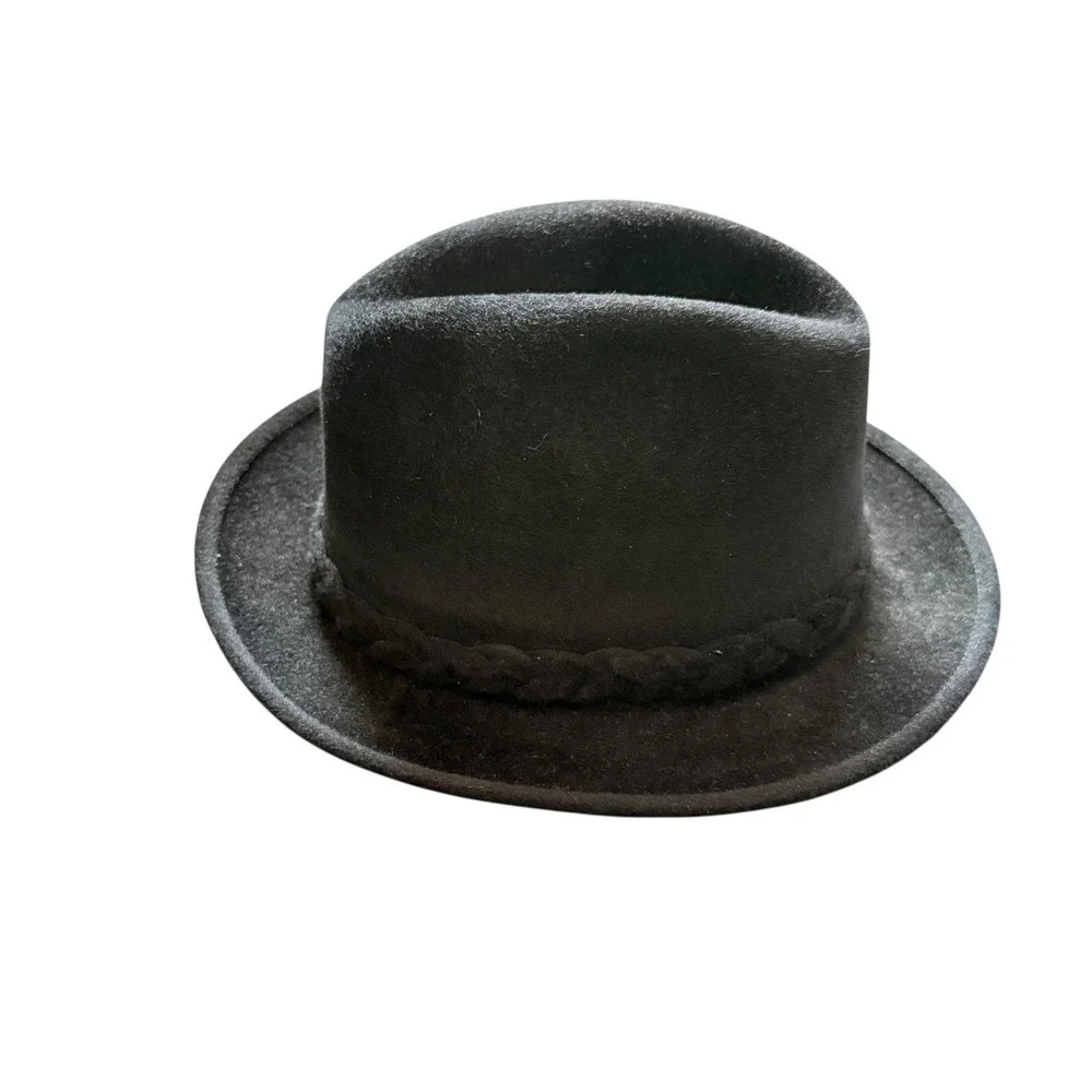Mrs. Dewson's Hats Fedora Hat Black Red Feather Accent Size 7 Made in Canada